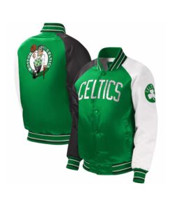 Green Varsity Satin Jacket With White And Black Sleeves
