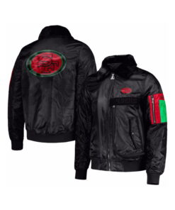 Black Satin Varsity Jacket With Green And Red Patches