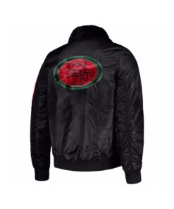 Black Satin Varsity Jacket With Green And Red Patches 6