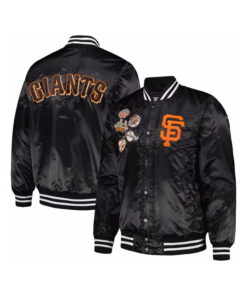 Black Satin Varsity Jacket With Orange Printing Patch