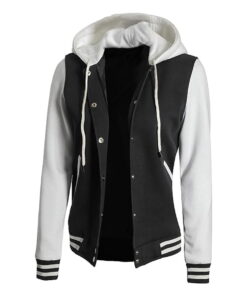 Alternative view of Black and White Hooded Varsity Jacket - Baseball Style