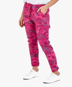 Women's Hot Pink Camouflage Print Super Magic Stretch Tie String Chino Trousers