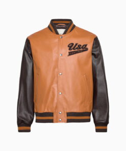 BROWN LEATHER VARSITY JACKET BLACK SLEEVES