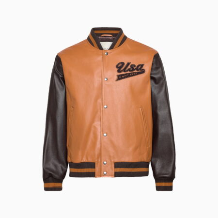 BROWN LEATHER VARSITY JACKET BLACK SLEEVES