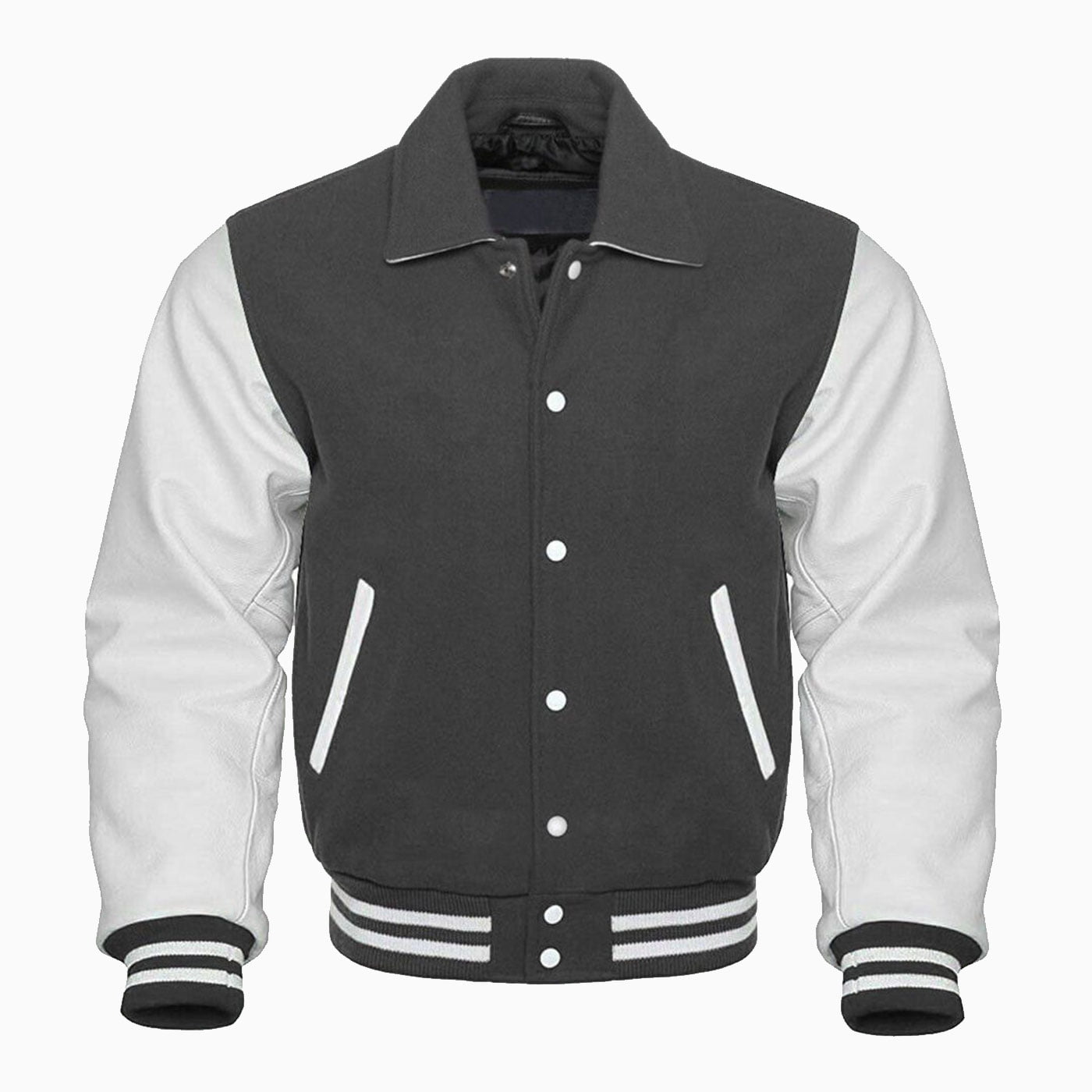 Custom GREY AND WHITE RETRO VARSITY JACKET Wholesale