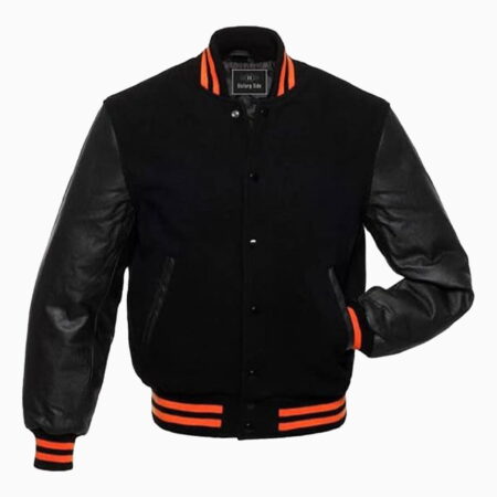 Wool Black Body & Black Leather Sleeves Varsity Jacket