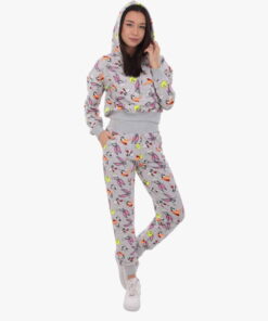 Gray Cartoon Character Printed Hooded Tracksuit Set
