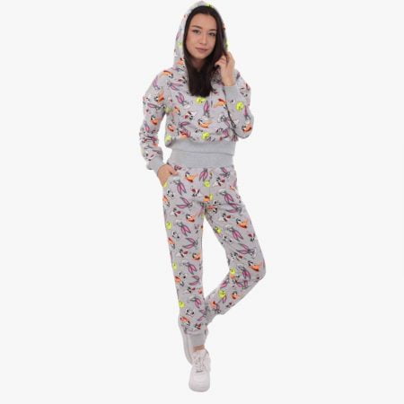 Gray Cartoon Character Printed Hooded Tracksuit Set