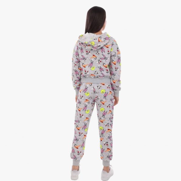 Gray Cartoon Character Printed Hooded Tracksuit Set