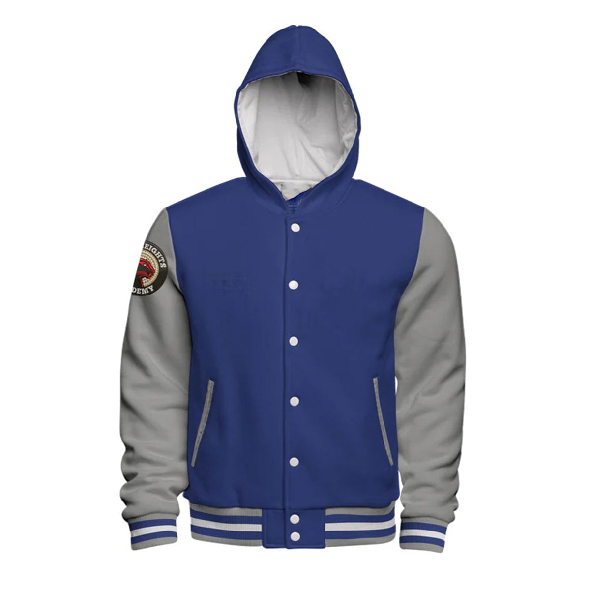 Custom Hooded Cotton Fleece Varsity Jacket With Custom Printed Lining
