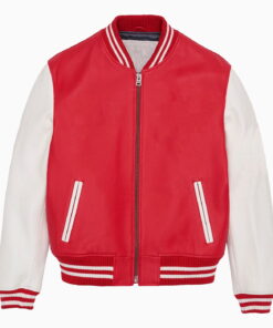 LEATHER VARSITY JACKET RED JACKET AND WHITE SLEEVES