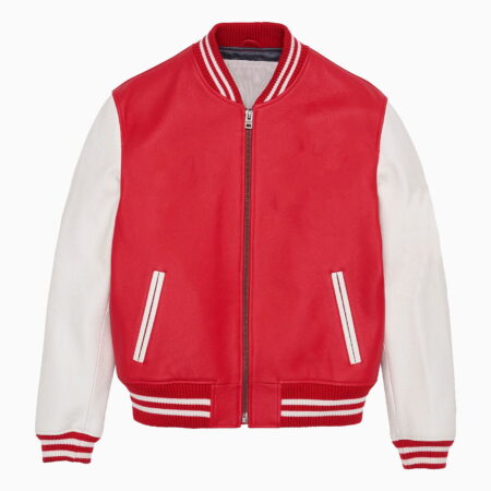 LEATHER VARSITY JACKET RED JACKET AND WHITE SLEEVES