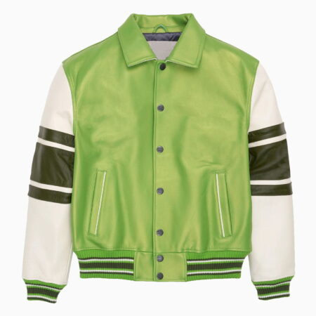 Leather Varsity Jacket Green White Sleeves