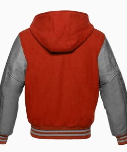 Alternative view of Letterman Bomber Varsity Hoodie Red Wool Jacket & Real Gray Leather Sleeves