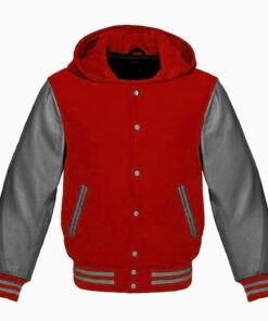 Letterman Bomber Varsity Hoodie Red Wool Jacket & Real Gray Leather Sleeves
