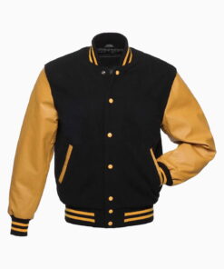 Mens Black Wool Body & Gold Leather Sleeves Varsity Jacket