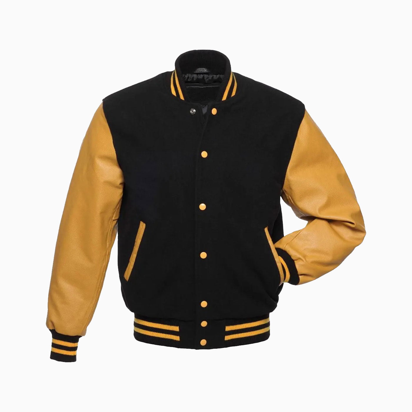 Mens Black Wool Body & Gold Leather Sleeves Varsity Jacket 1 Mens Black Wool Body & Gold Leather Sleeves Varsity Jacket