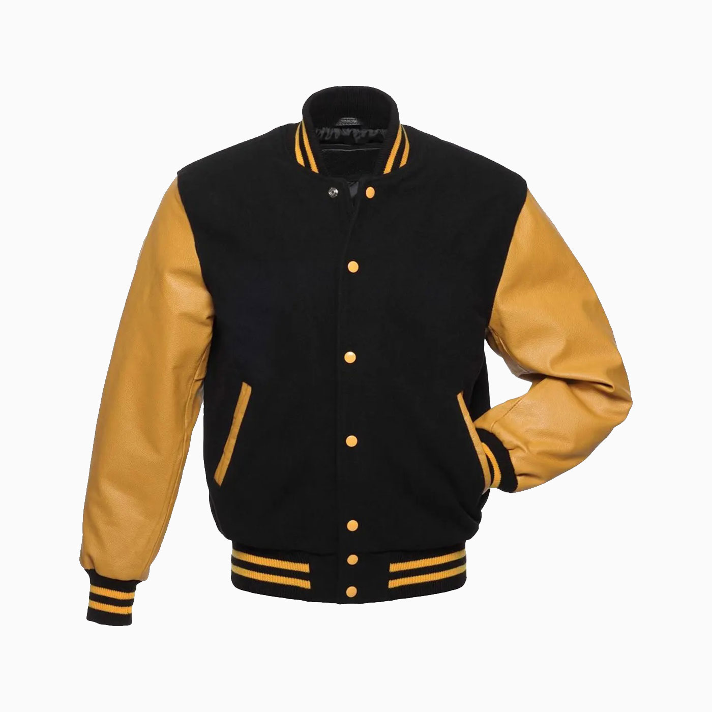 Custom Mens Black Wool Body & Gold Leather Sleeves Varsity Jacket ...