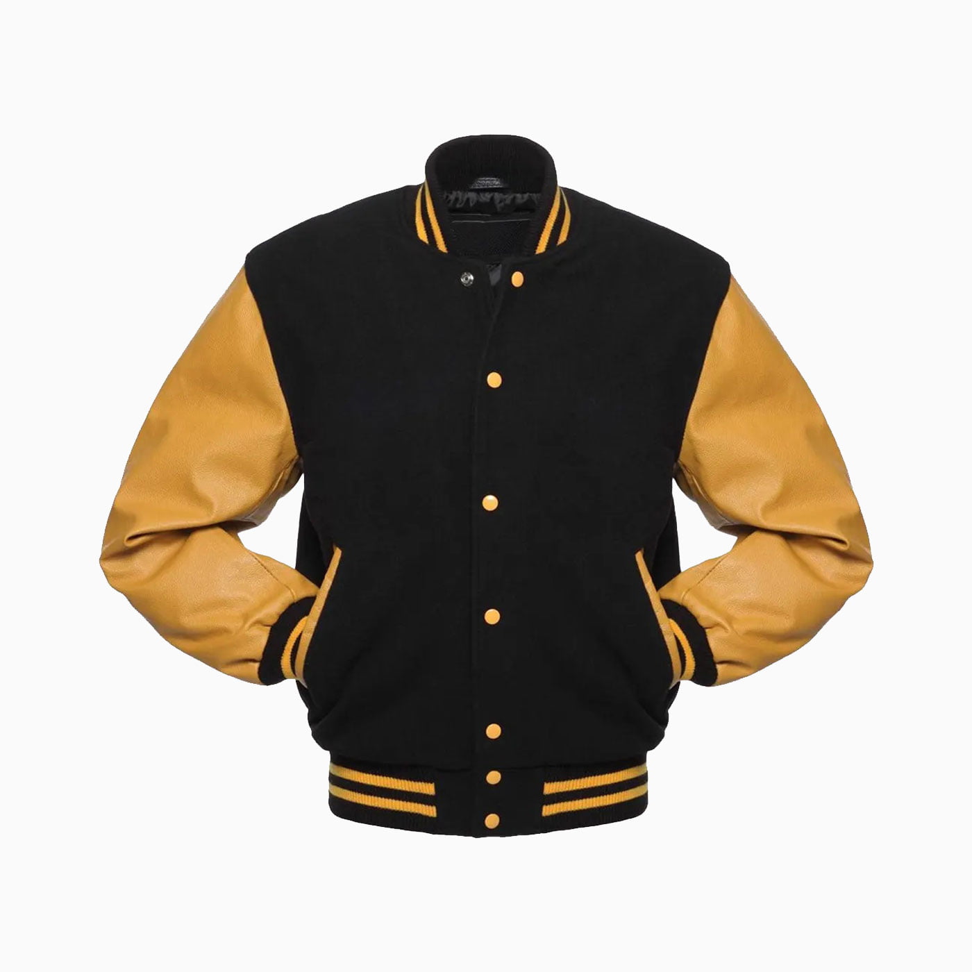 Mens Black Wool Body & Gold Leather Sleeves Varsity Jacket 2 Mens Black Wool Body & Gold Leather Sleeves Varsity Jacket - Image 2