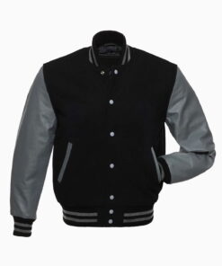 Mens Black Wool Body & Grey Leather Sleeves Varsity Jacket