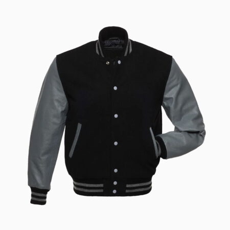 Mens Black Wool Body & Grey Leather Sleeves Varsity Jacket