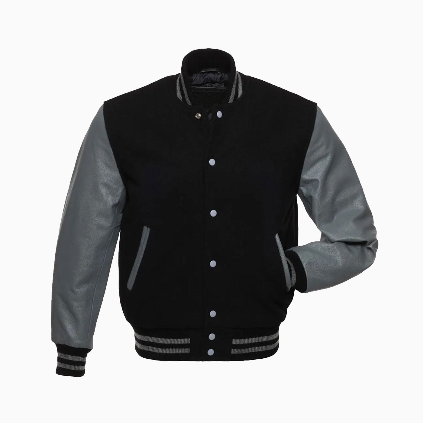 Custom Mens Black Wool Body & Grey Leather Sleeves Varsity Jacket