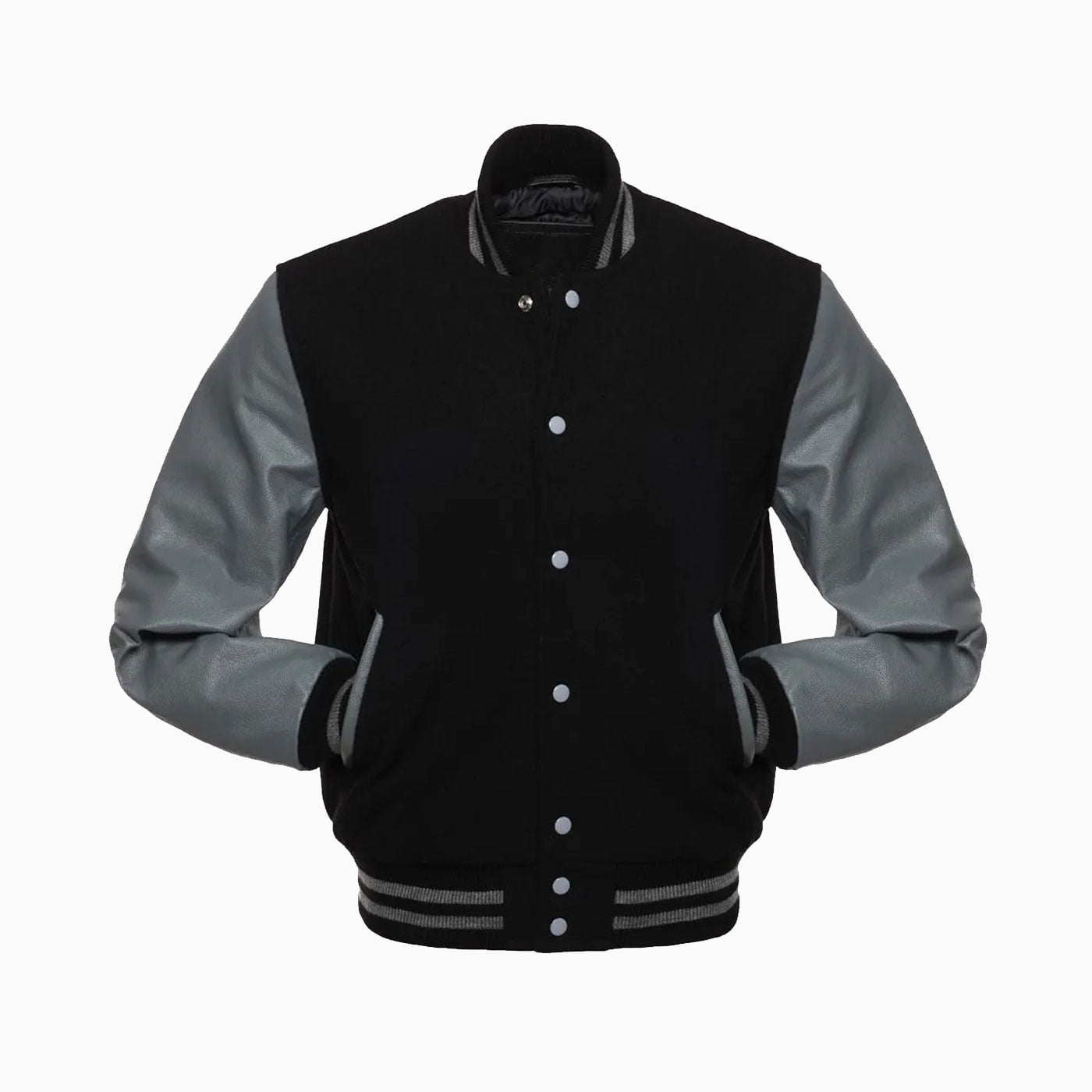 Mens Black Wool Body & Grey Leather Sleeves Varsity Jacket 2 Mens Black Wool Body & Grey Leather Sleeves Varsity Jacket - Image 2