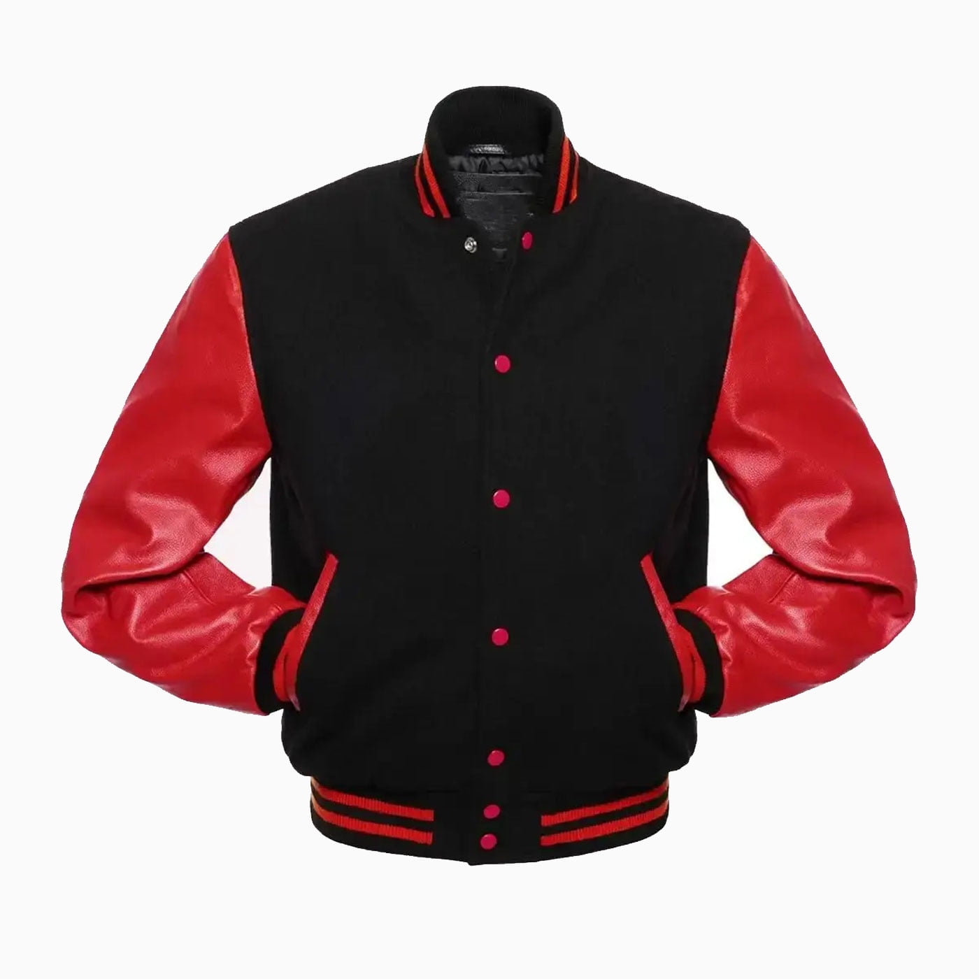 Custom Mens Black Wool Body & Red Leather Sleeves Varsity Jacket