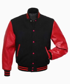 Mens Black Wool Body & Red Leather Sleeves Varsity Jacket
