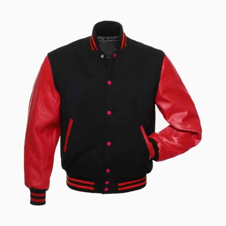 Mens Black Wool Body & Red Leather Sleeves Varsity Jacket
