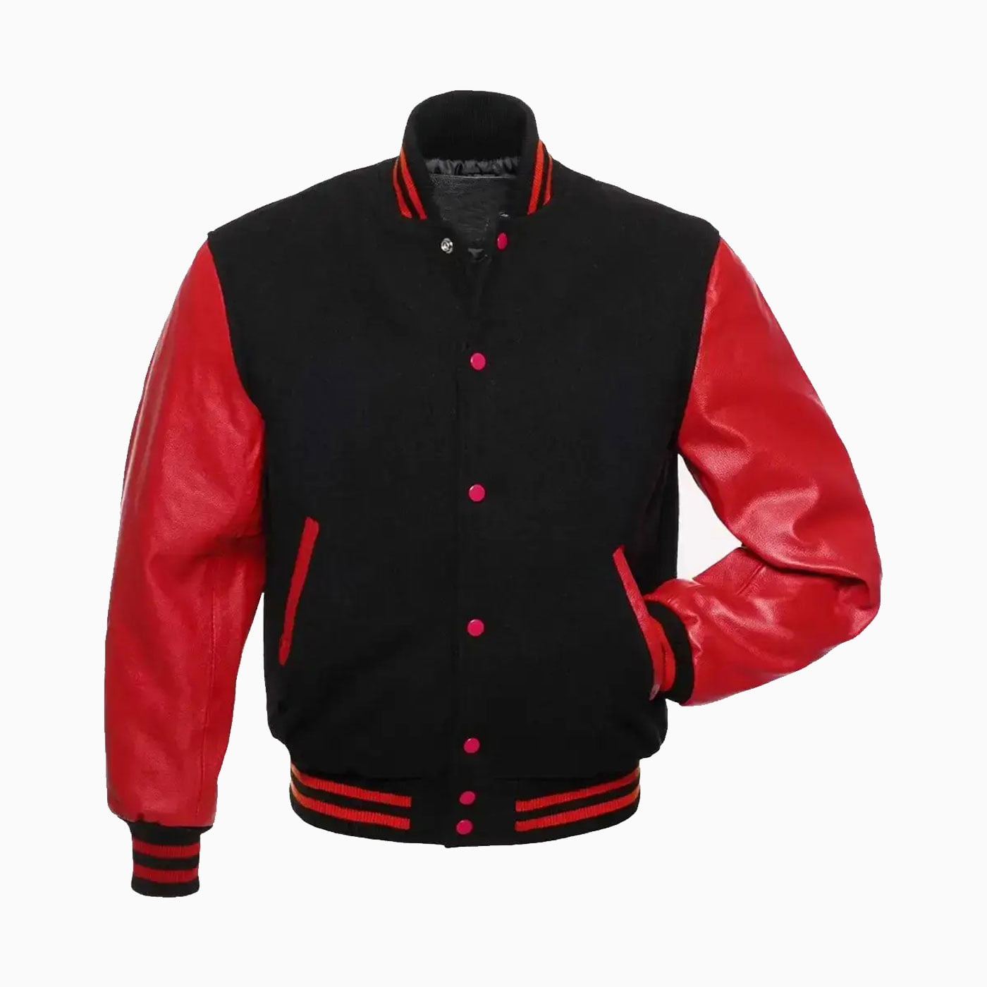 Custom Mens Black Wool Body & Red Leather Sleeves Varsity Jacket