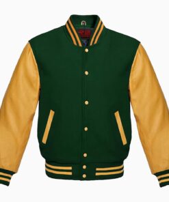 Mens Forest-green Wool Body & Golden Leather Sleeves Varsity Jacket