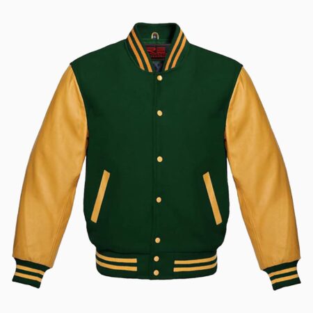 Mens Forest-green Wool Body & Golden Leather Sleeves Varsity Jacket