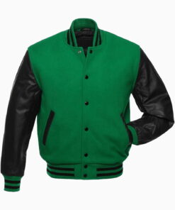 Mens Green Wool Body & Black Leather Sleeves Varsity Jacket
