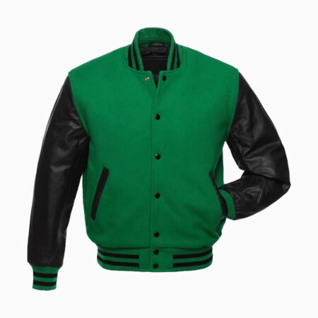 Mens Green Wool Body & Black Leather Sleeves Varsity Jacket