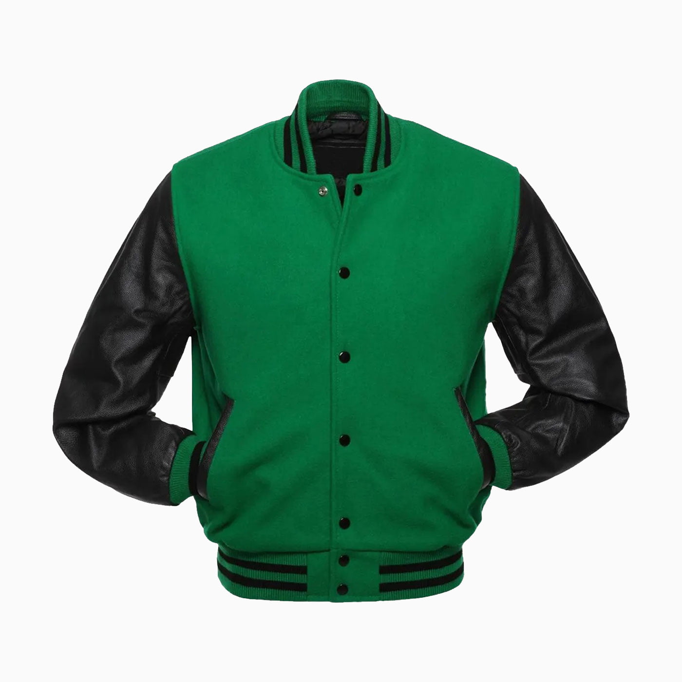 Custom Mens Green Wool Body & Black Leather Sleeves Varsity Jacket
