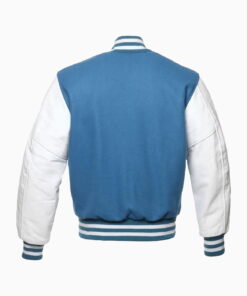 Mens Light Blue Wool Body & White Leather Sleeves Varsity Jacket - Image 3