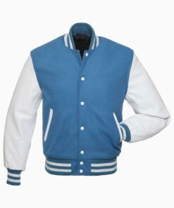 Mens Light Blue Wool Body & White Leather Sleeves Varsity Jacket