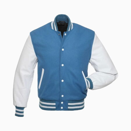 Mens Light Blue Wool Body & White Leather Sleeves Varsity Jacket