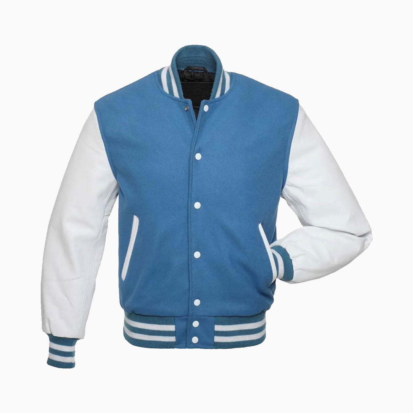 Custom Mens Light Blue Wool Body & White Leather Sleeves Varsity Jacket
