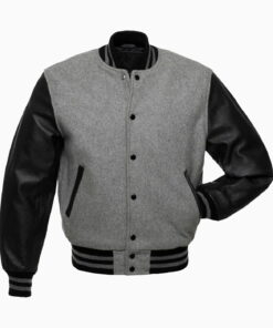 Mens Light Grey Wool Body & Black Leather Sleeves Varsity Jacket