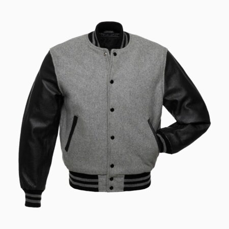 Mens Light Grey Wool Body & Black Leather Sleeves Varsity Jacket