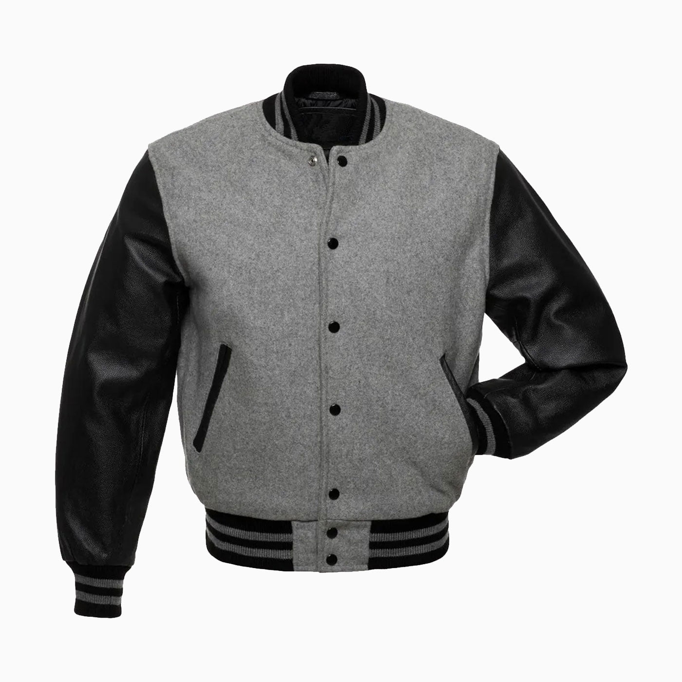 Custom Mens Light Grey Wool Body & Black Leather Sleeves Varsity Jacket