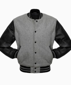 Alternative view of Mens Light Grey Wool Body & Black Leather Sleeves Varsity Jacket