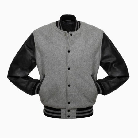 Alternative view of Mens Light Grey Wool Body & Black Leather Sleeves Varsity Jacket