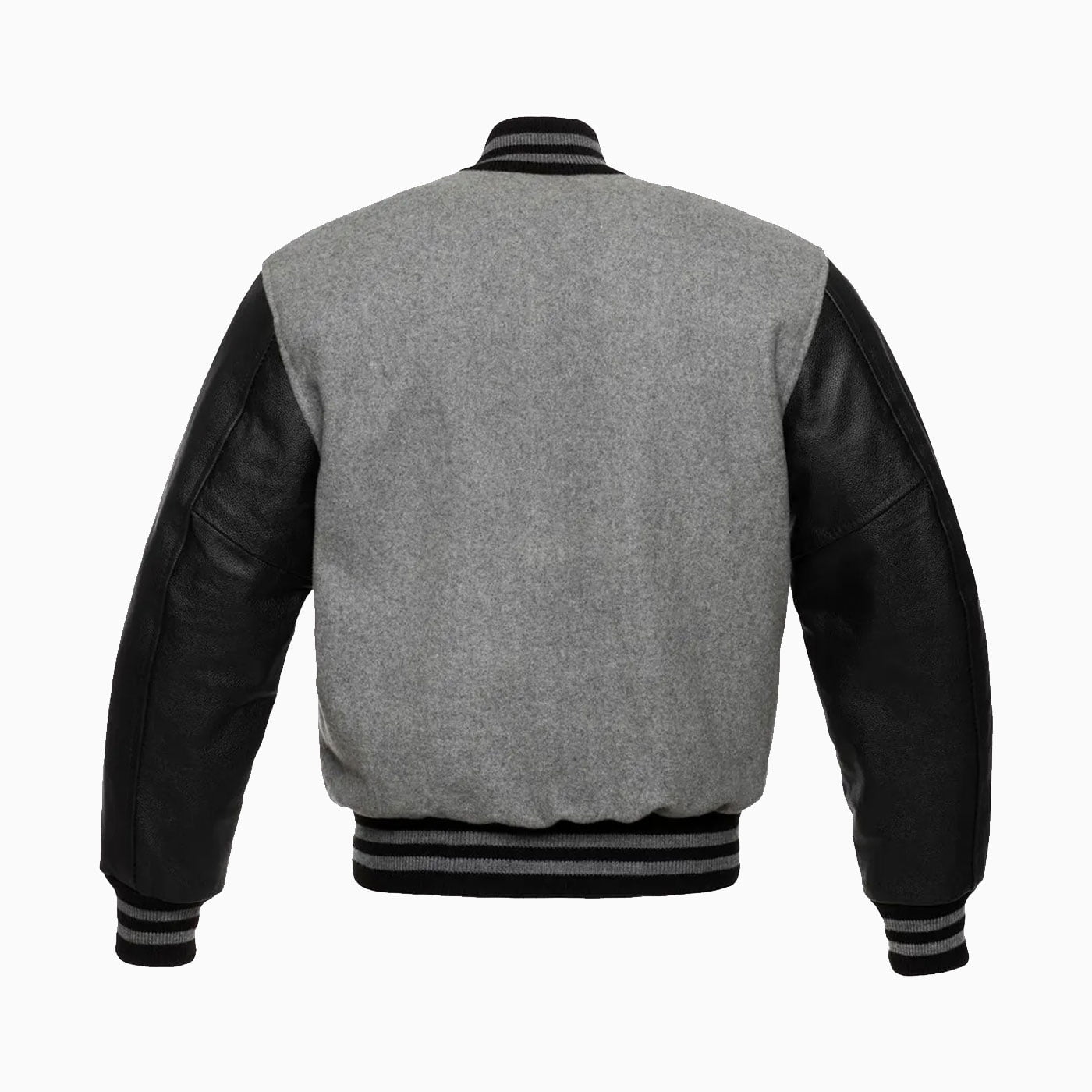 Custom Mens Light Grey Wool Body & Black Leather Sleeves Varsity Jacket