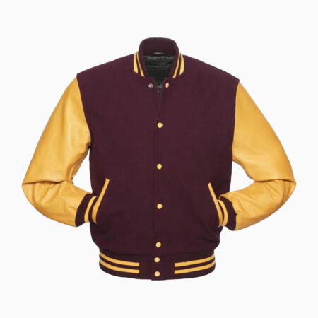 Alternative view of Mens Maroon Wool Body & Gold Leather Sleeves Varsity Jacket