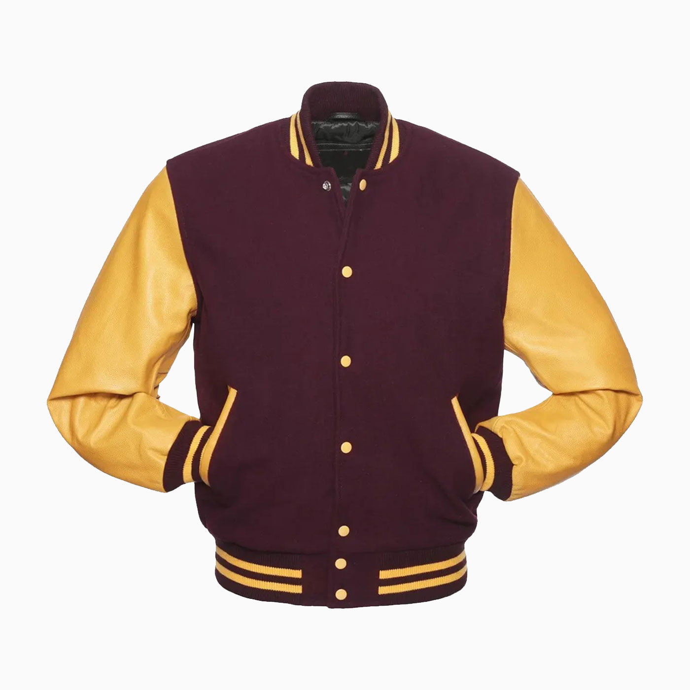 Custom Mens Maroon Wool Body & Gold Leather Sleeves Varsity Jacket