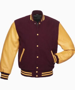 Mens Maroon Wool Body & Gold Leather Sleeves Varsity Jacket