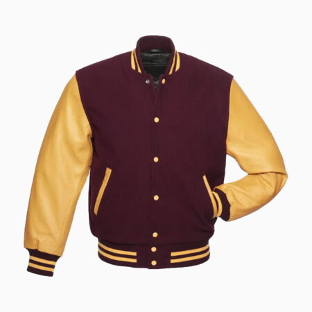 Mens Maroon Wool Body & Gold Leather Sleeves Varsity Jacket